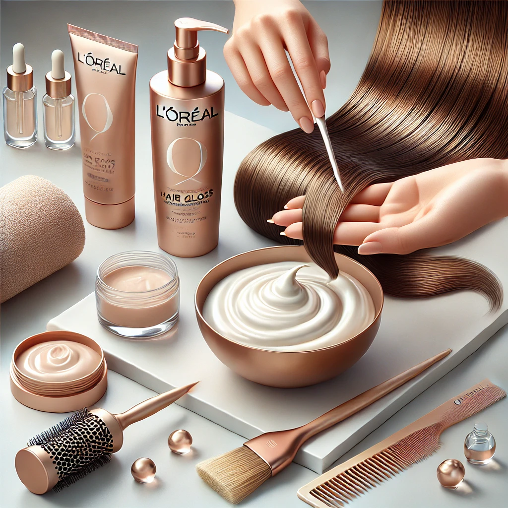 A professional setup showcasing a bottle of loreal hair gloss, a mixing bowl with creamy gloss mixture, an application brush, and a stylist’s hand applying the product to glossy hair, with a clean and minimalistic background.