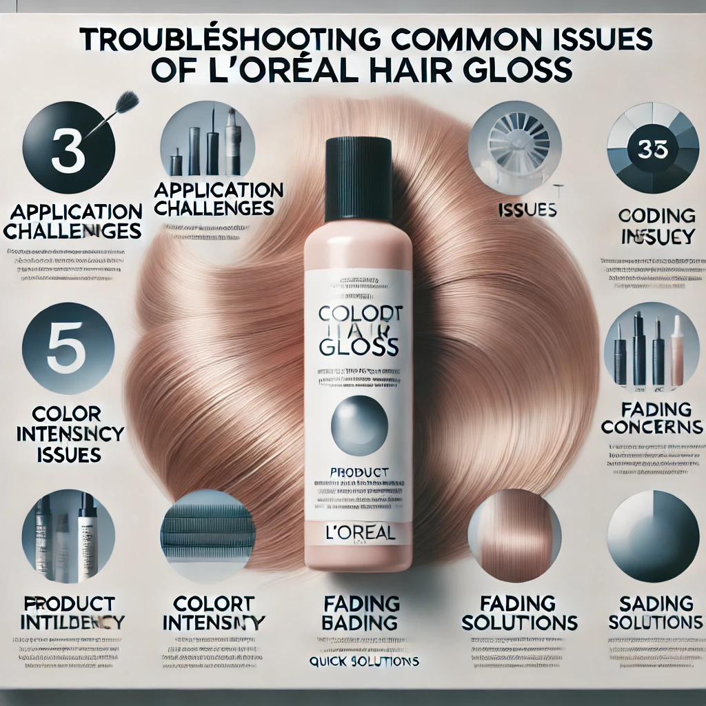 An instructional image featuring a bottle of loreal hair gloss with bold text highlighting common issues like Application Challenges, Color Intensity Issues, Product Build-up, Fading Concerns, and Quick Solutions.