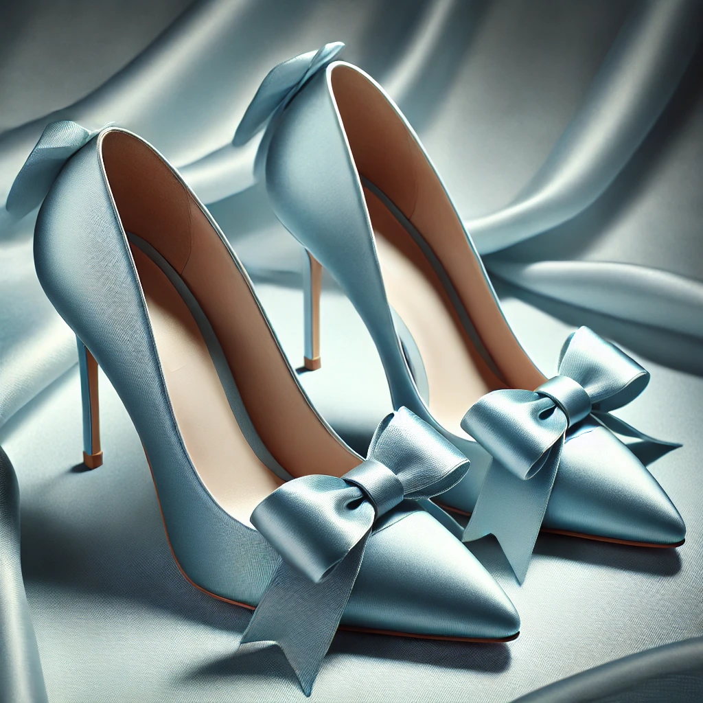 A pair of luxurious light blue satin heels with pointed toes, sleek stiletto design, and elegant bows, displayed on a soft, silky fabric background with refined lighting