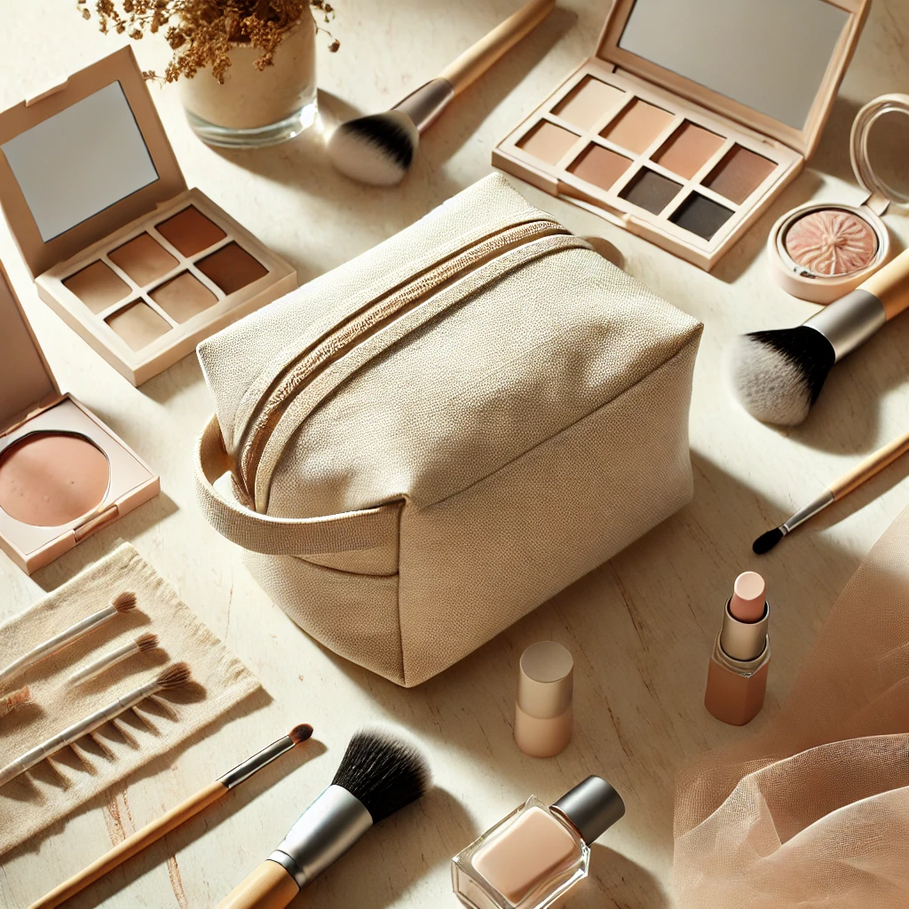 A beige canvas makeup bag surrounded by makeup brushes, palettes, and cosmetics, arranged beautifully on a light wooden surface in soft natural lighting.