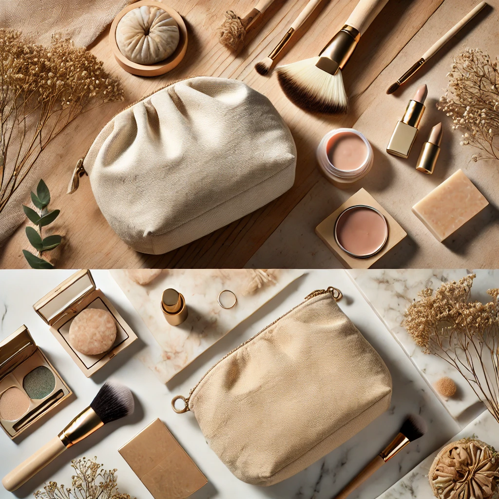 Beige canvas makeup bag styled in two creative flat-lay setups, surrounded by makeup brushes, cosmetics, and dried flowers on wooden and marble surfaces