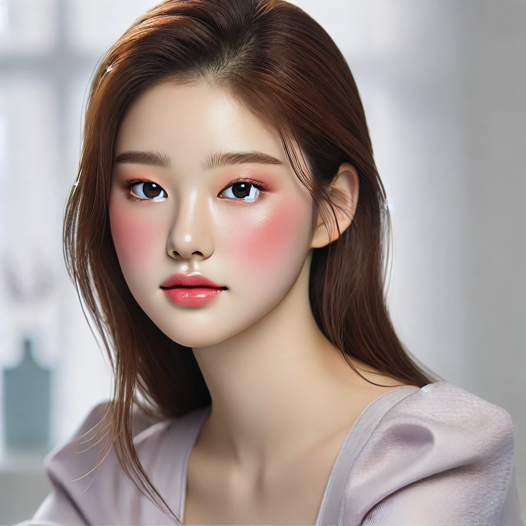 A youthful makeup portrait of 15 year old korean girl a natural makeup look with glowing skin, peachy blush, and glossy pink lips in a sophisticated setting.