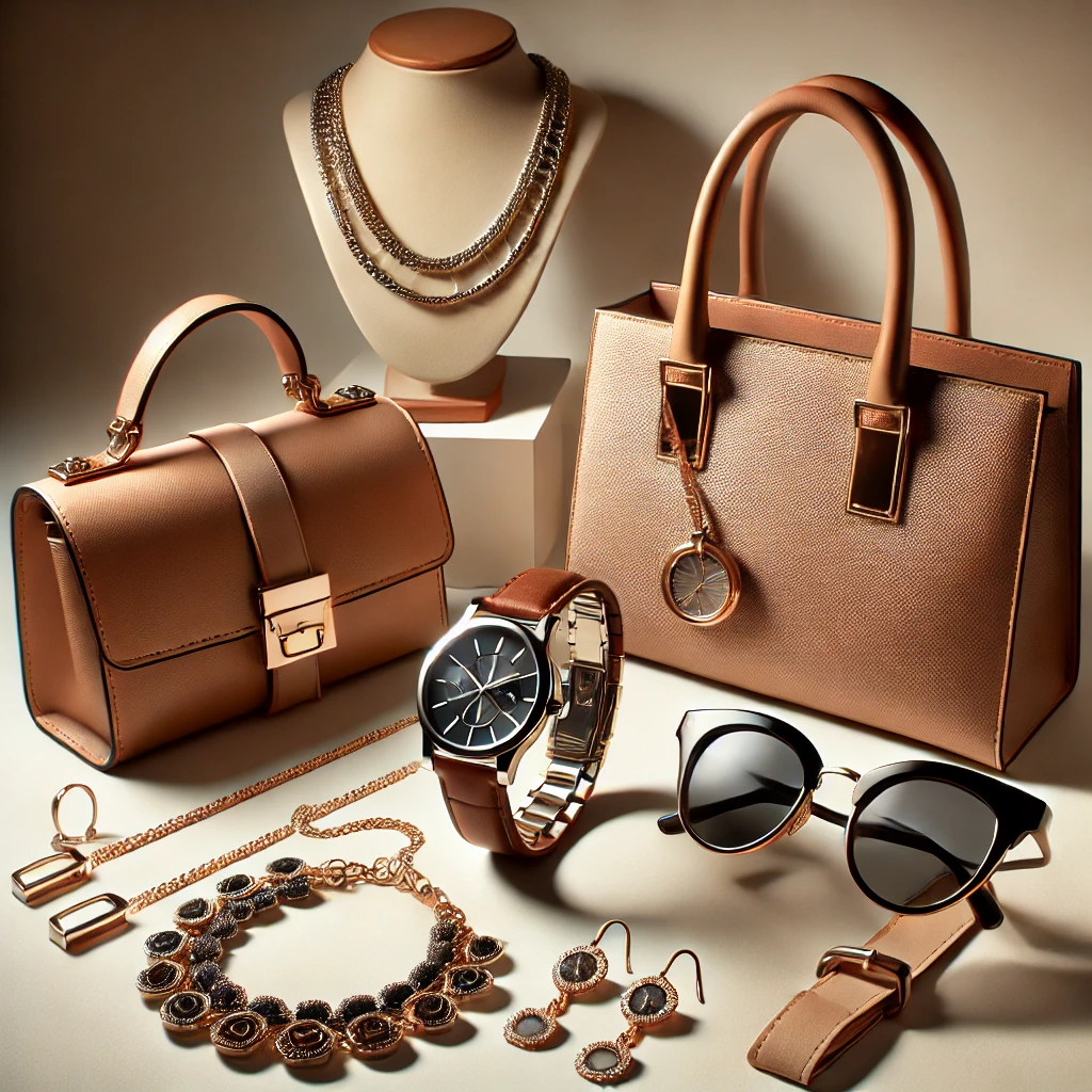 fashion icon dress to impress.like a fashion icon, including a luxury watch, statement necklace, designer handbags, sunglasses, and earrings on a minimalist background.