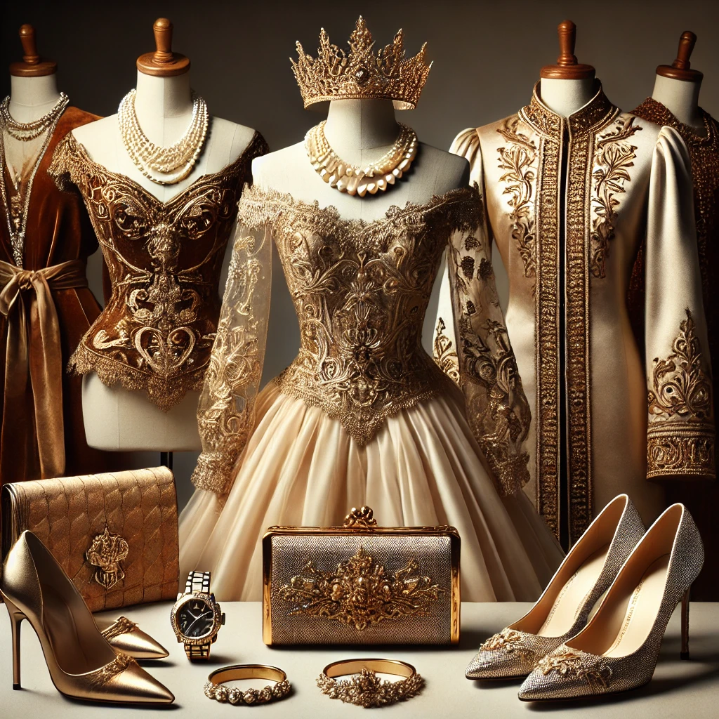 A royal-inspired collection of fashion accessories and attire, including a tiara, embroidered golden gowns, elegant heels, a designer clutch, and statement jewelry, showcasing how to dress to impress like a fashion icon