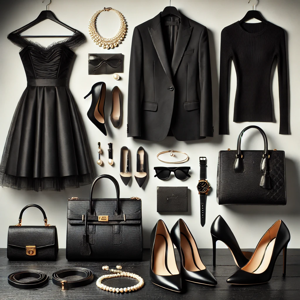 A luxurious display of classic black ensembles and accessories, including a black suit, little black dress, high heels, handbags, sunglasses, and pearl jewelry, perfect for dressing to impress like a fashion icon.