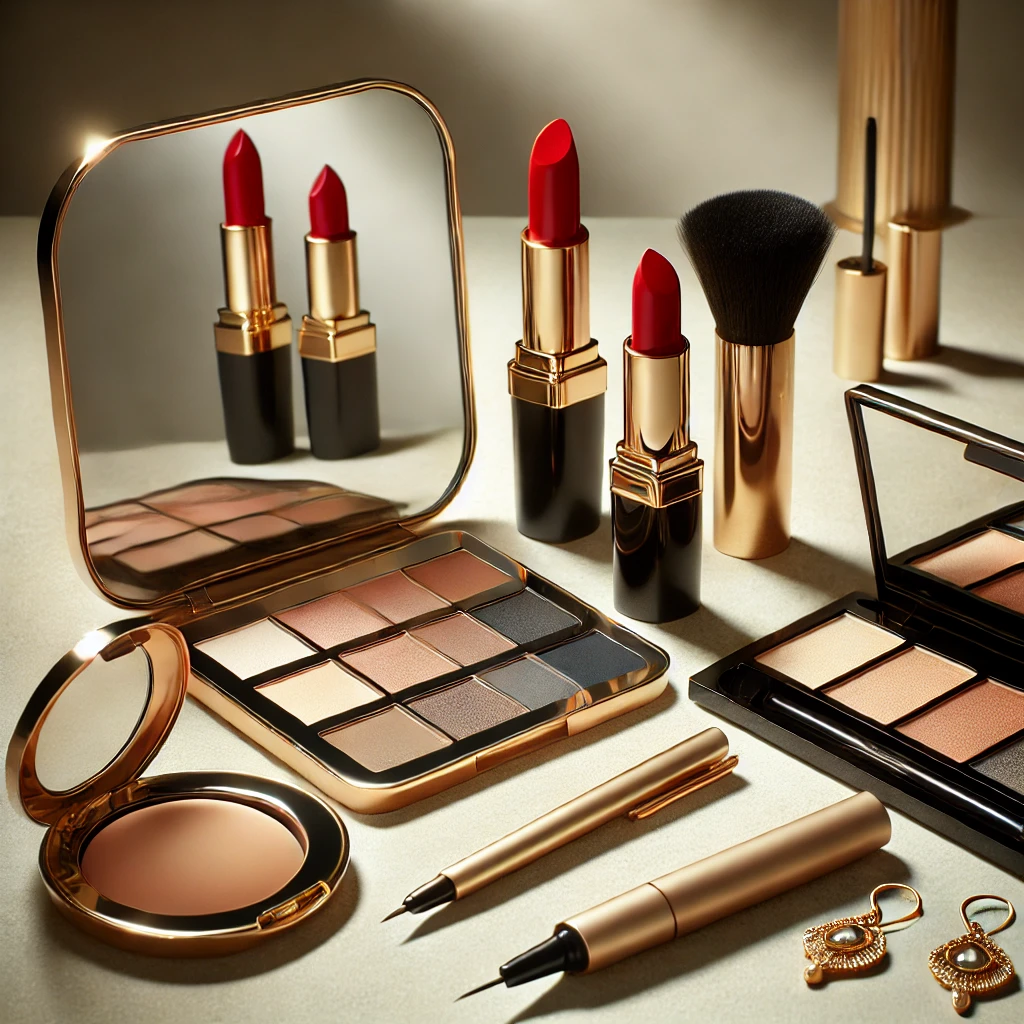 A collection of makeup essentials, including red lipsticks, eyeliner pens, golden makeup palettes, and statement earrings, showcasing how to dress to impress like a fashion icon.

