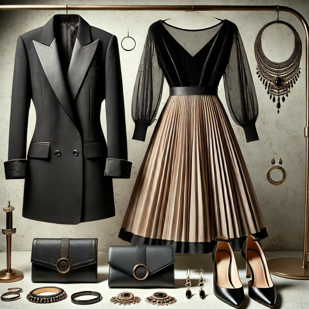 A display of modern classic fashion, including a black blazer, vintage-inspired midi dress, high heels, designer clutches, and statement jewelry, showcasing how to dress to impress like a fashion icon.