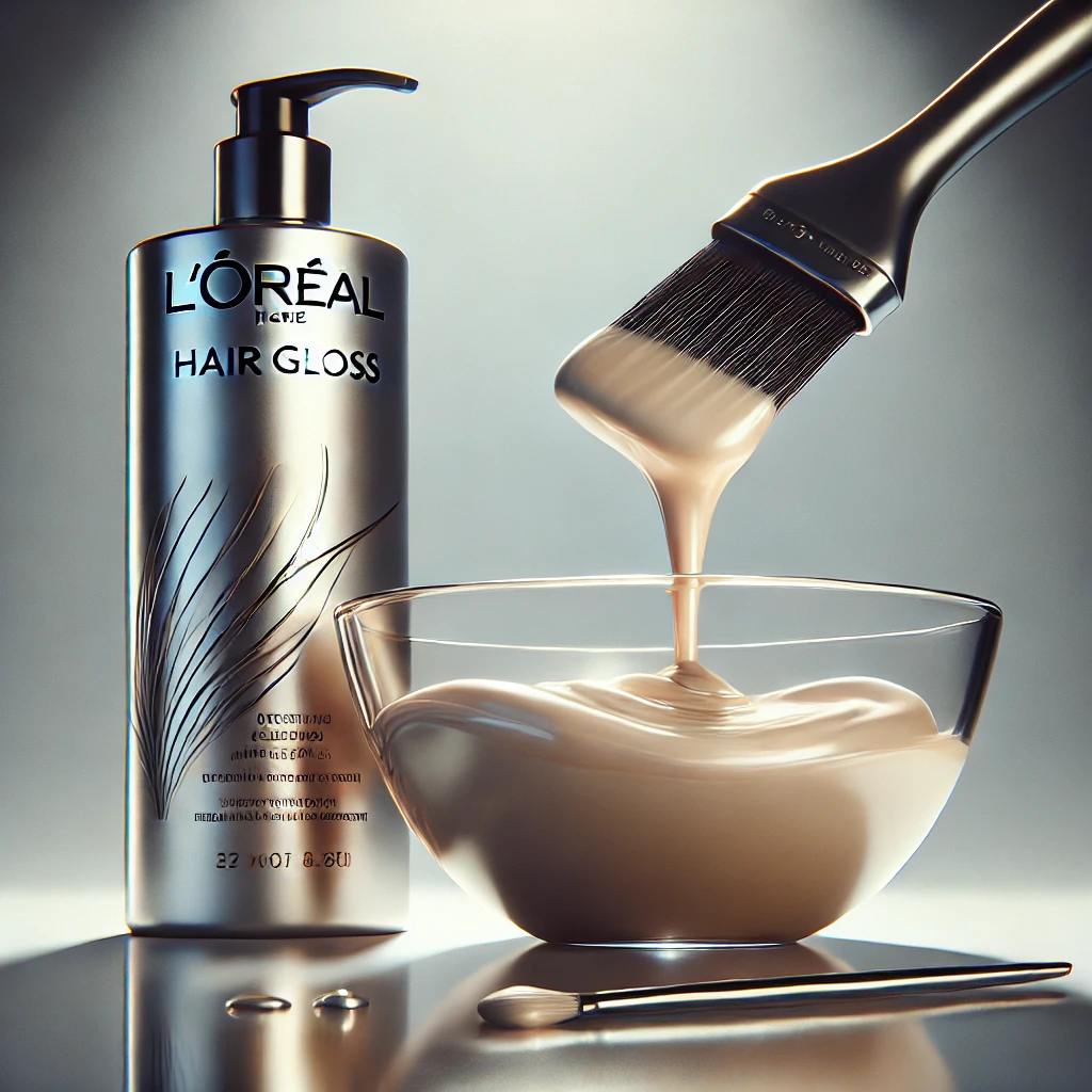 A sleek bottle of loreal hair gloss next to a shimmering mixture in a bowl with an application brush, showcasing the hair treatment process