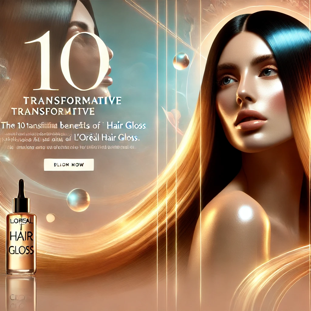 A model with sleek, glossy, and vibrant hair reflecting natural light, accompanied by a bottle of loreal hair gloss against a luxurious golden-toned background.