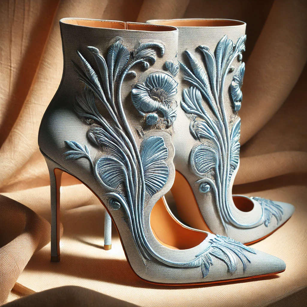 A pair of light blue stiletto heels with intricate floral embroidery, showcased on a soft textured fabric background with warm, diffused lighting