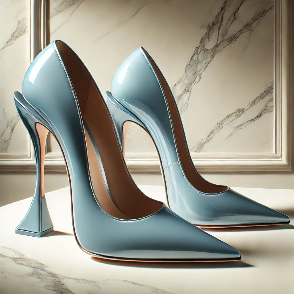 A modern pair of light blue pointed toe heels with a glossy finish and a unique curved stiletto design, showcased on a luxurious marble background with soft lighting.