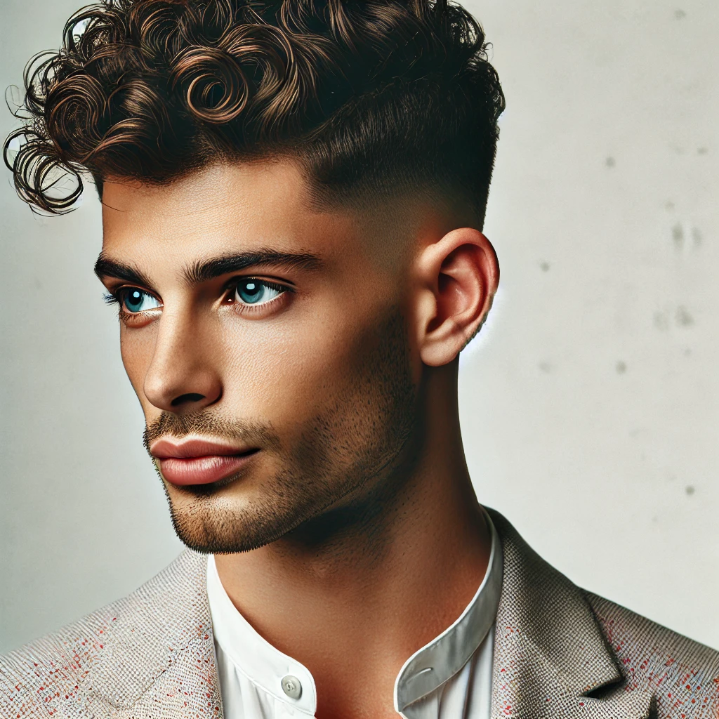 A handsome white Italian young man with a low burst fade haircut and curly hair, exuding confidence and charm in a trendy and elegant outfit. The clean, blurred background enhances the professional and modern aesthetic.