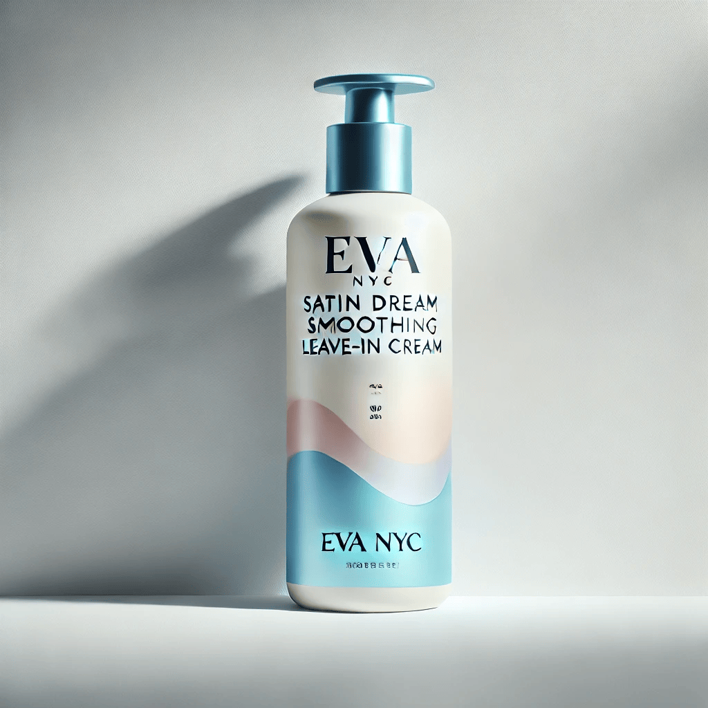 Satin Dream Smoothing Leave-In Cream by Eva NYC in a pastel blue and pink gradient bottle, displayed against a soft white background with subtle lighting for a clean and professional look.