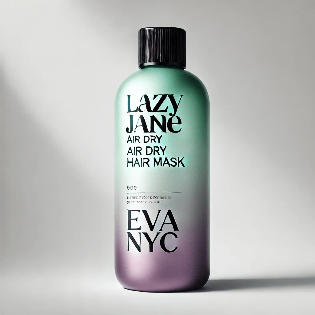 Lazy Jane Air Dry Hair Mask by Eva NYC in a sleek green and purple gradient bottle, set against a bright white background with soft shadows for a clean and modern presentation.