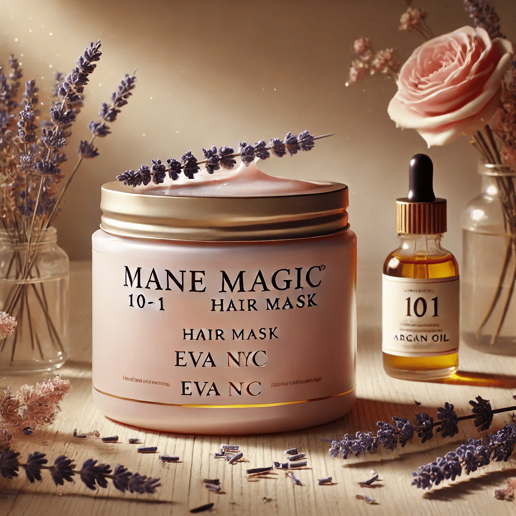 Mane Magic 10-in-1 Hair Mask by Eva NYC in a lavender jar, placed on a wooden surface with lavender flowers and a dropper bottle of argan oil, creating a natural and warm composition