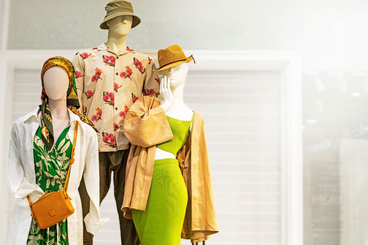 Mannequins showcasing Terry Mill's best exotic fashion trends, featuring vibrant prints, tropical patterns, and sophisticated modern designs