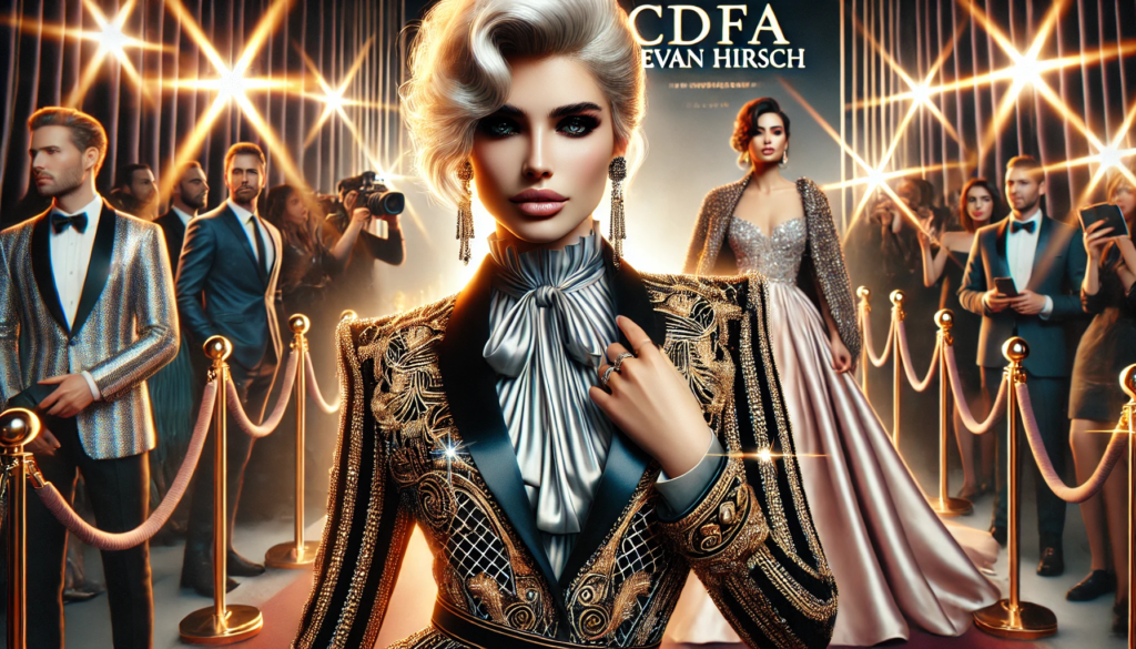 CDFA Evan Hirsch fashion with celebrity endorsements, showcasing a glamorous scene at a red carpet event.
