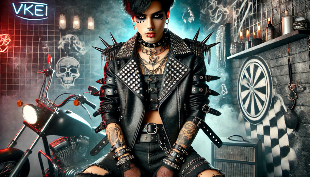 A model dressed in bold punk Vkei fashion, featuring a leather jacket with spikes, chains, and studs, dramatic makeup, piercings, and a studded choker. The model strikes a rebellious pose against an urban backdrop with graffiti, neon lights, and a motorcycle.