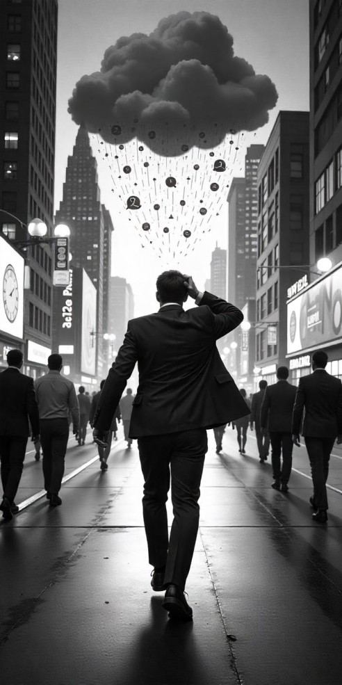 A stressed businessman walks through a busy city street, overwhelmed by a storm cloud raining down clocks and notifications, symbolizing the constant pressure of a fast-paced lifestyle on mental and physical health.