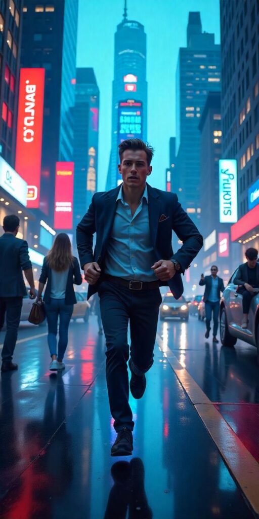A young professional in a suit running through a busy city street at night, surrounded by neon lights and fast-moving pedestrians, representing the fast-paced lifestyle in a modern urban environment.